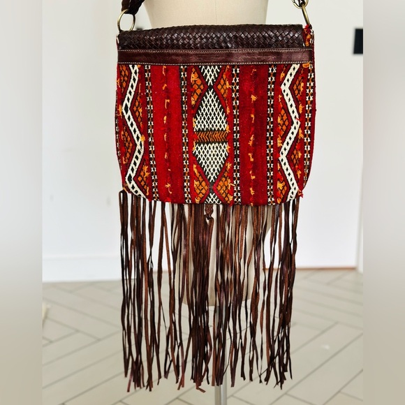 Vintage Kilim Moroccan Shoulder bag with leather fringe